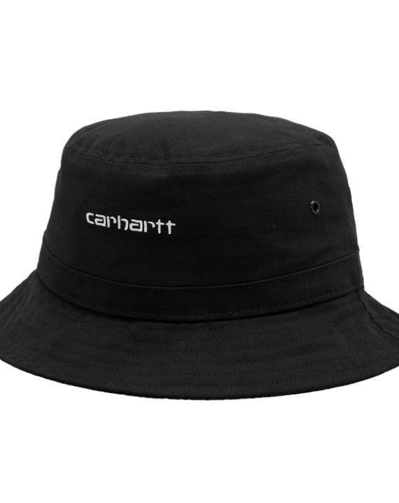 chapeau carhartt couleur noir en coton avec le nom de marque brodé en blanc